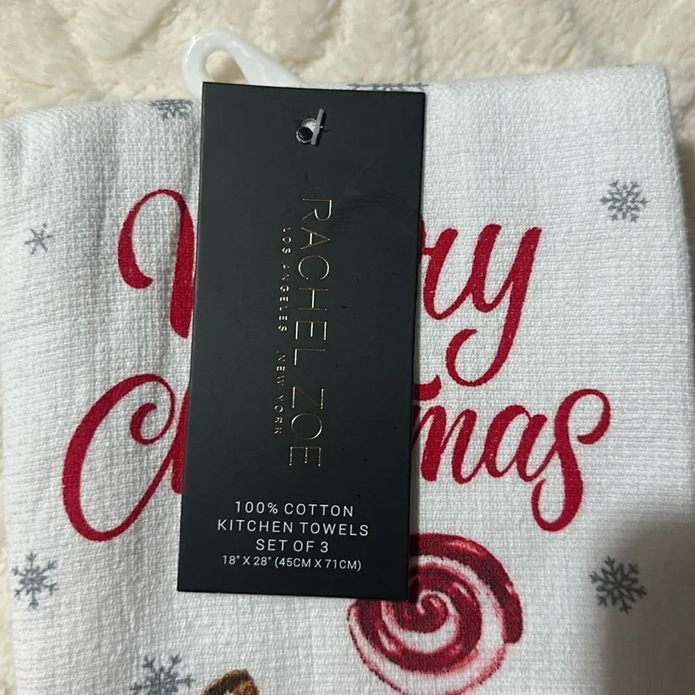 RACHEL ZOE Set of 3 Cotton White Red Green Christmas Gingerbread Kitchen Towels